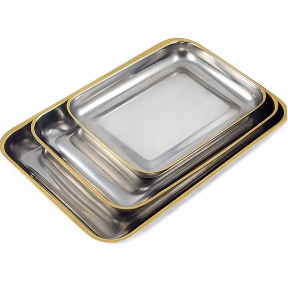 Zahran Stainless Steel 18/10 Serving Nesting Trays Gold Rim Rectangle Set of 3 - Picture 1 of 10